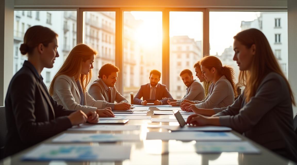 Team reviewing analytics in a sunlit Paris office